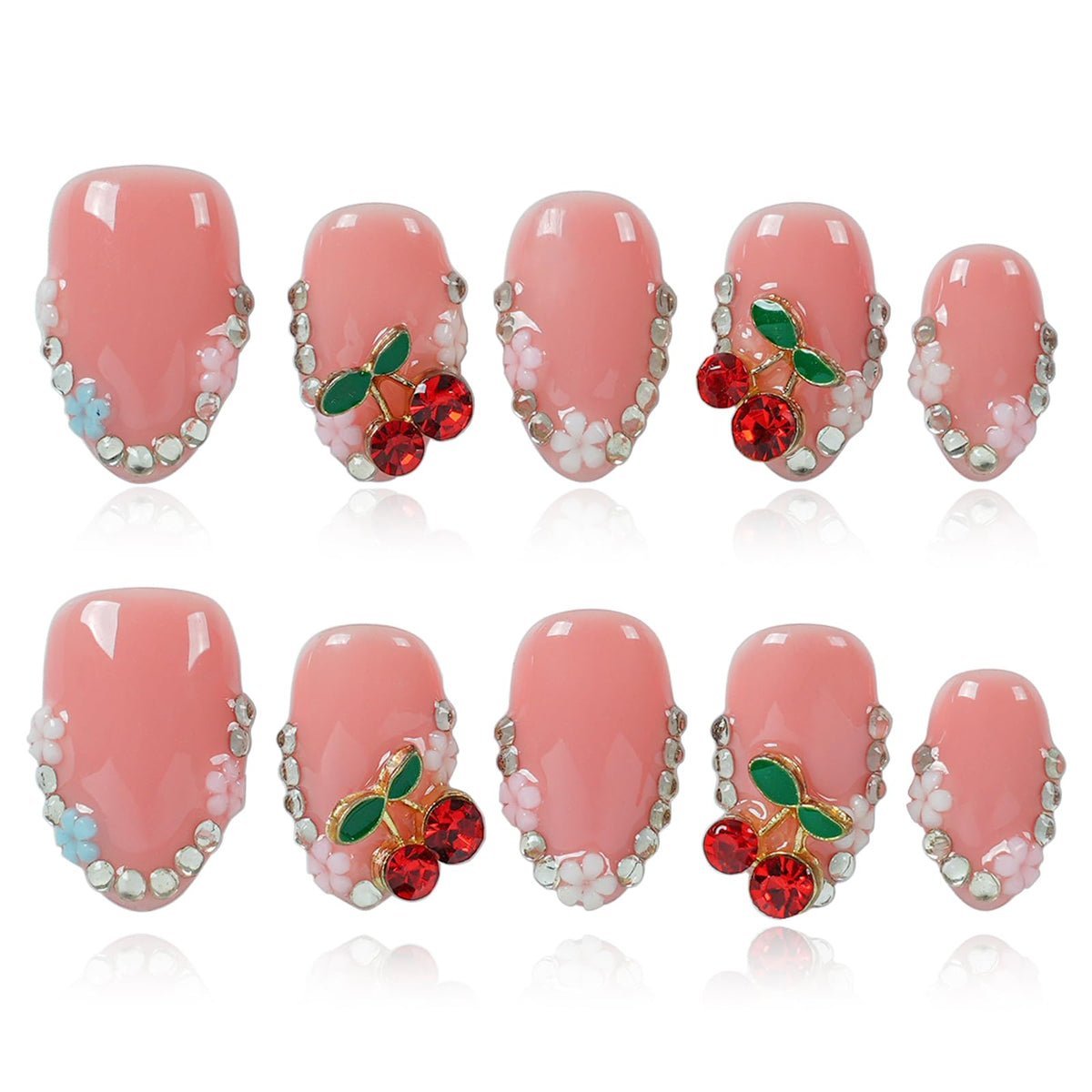 Gothic 3D Floral Press on Nails Medium Almond - Gold Cross & Rhinestone Design, Handmade Pearl Luxury Dark Romantic Reusable Nails (Orange Diamond Sweet Luxury,L)