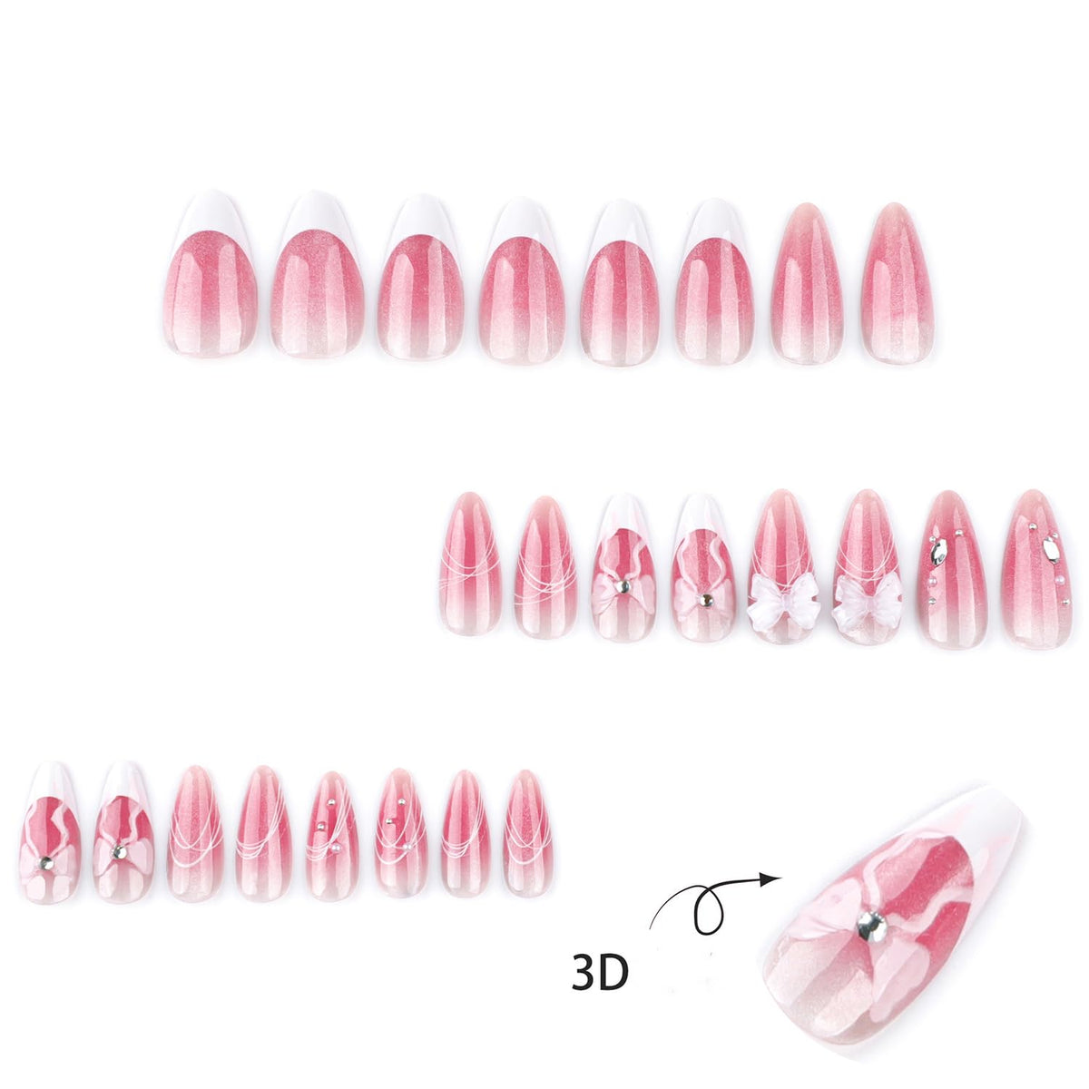 Almond Press on Nails Pink Glitter Bridal Designs Medium Fake Nails with 3D Bow Rhinestones Accent Glossy Wedding Manicure for Bride Bridesmaid Women 24 Pcs