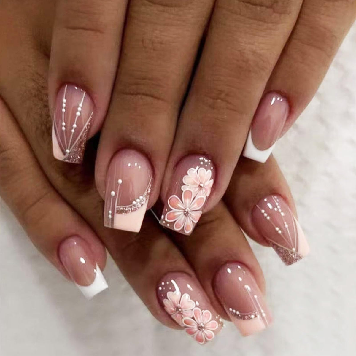 White French Tips Press on Nails 24Pcs Glossy Silver Glitter Acrylic Fake Nails Sparkly False Nail Milky Way Gel Glue on Nail Stars Stick on Medium Square Fingernails for Coquette Women Girls