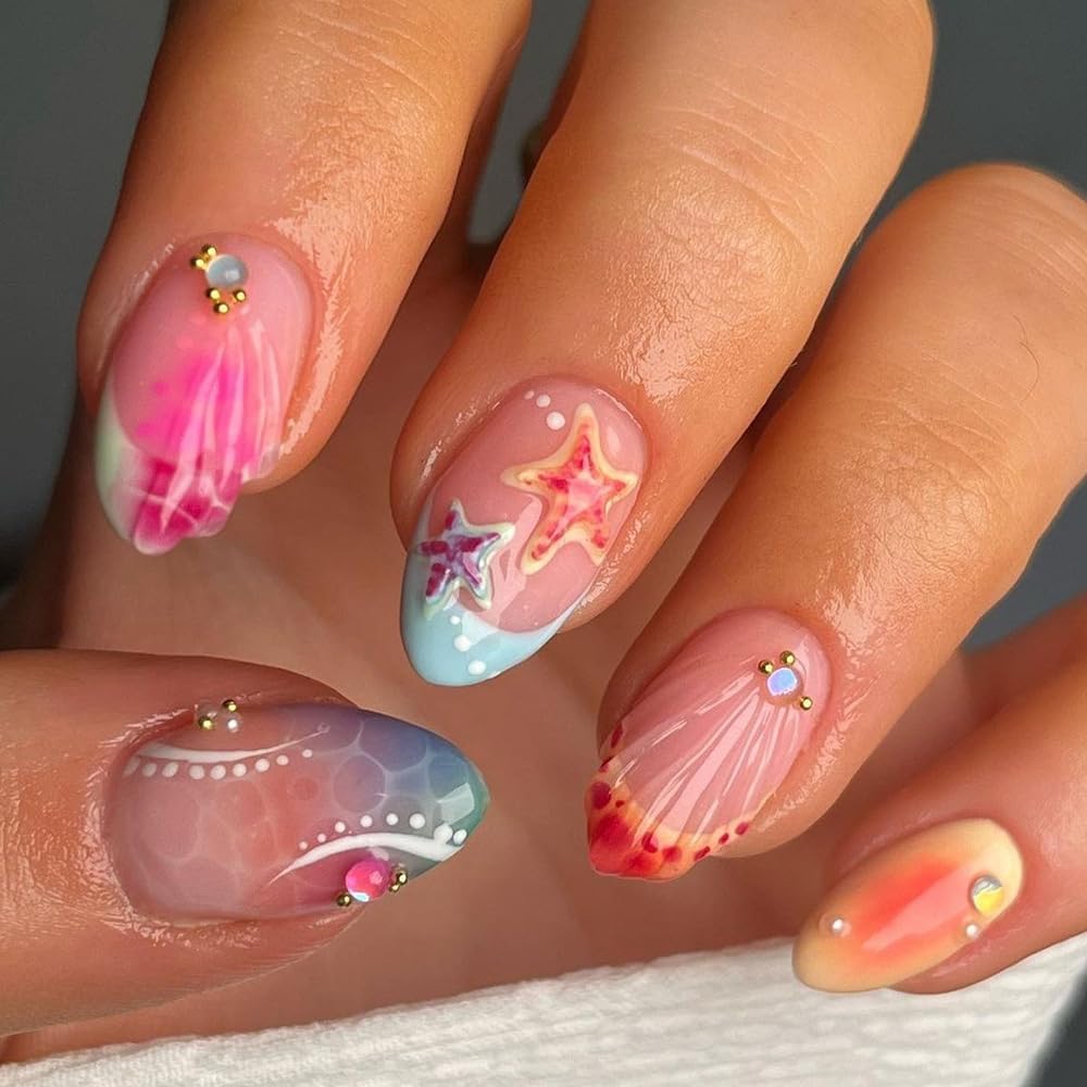 Green Press on Nails Medium Almond Fake Nails with 3D Pearl Rhinestones Designs Gold French Tips Flower Acrylic Nails False Nails White Floral Full Cover Glossy Stick on Nails for Women 24Pcs