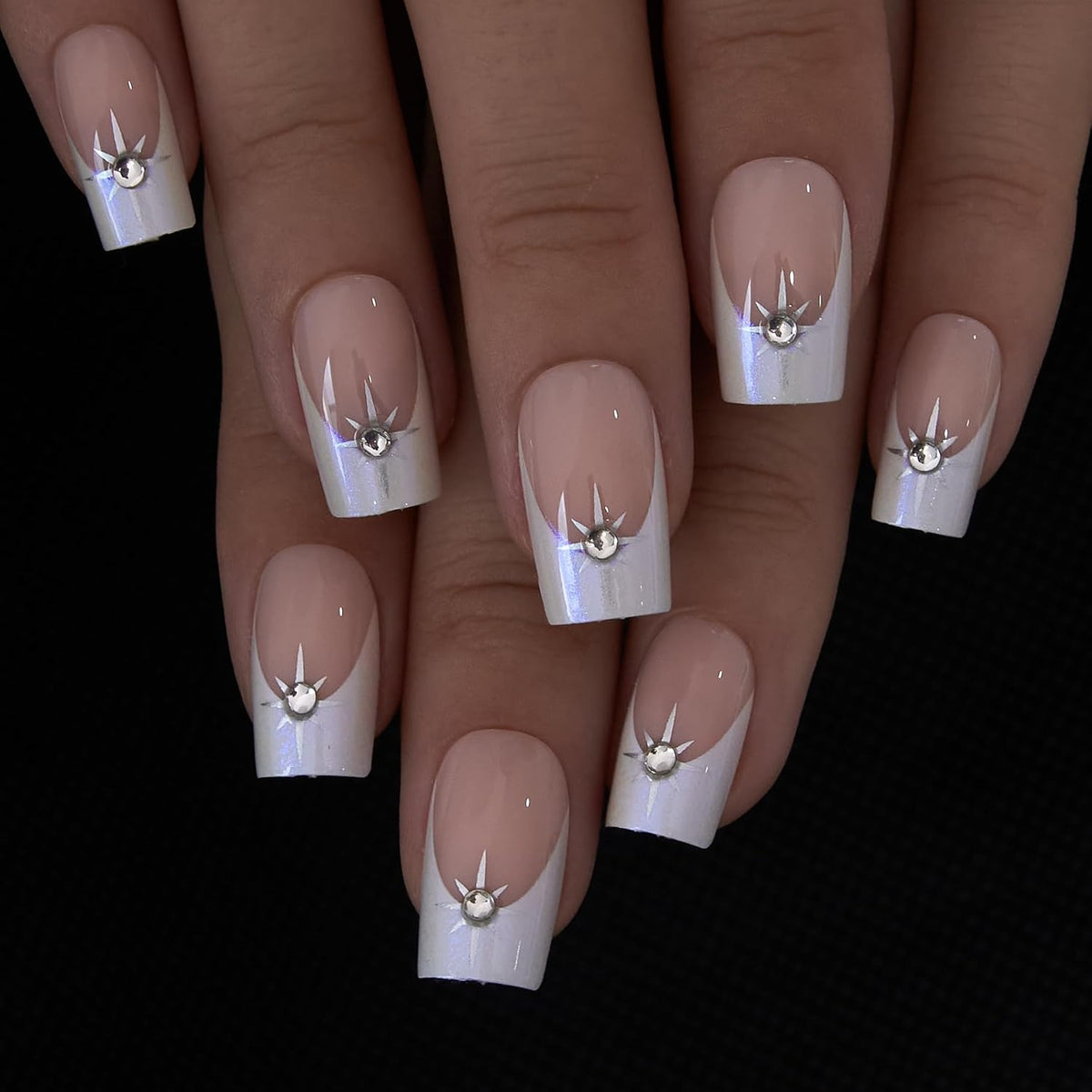 CurvLife Long French Tip Press On Nails, Pearl Rhinestones, Soft Gel