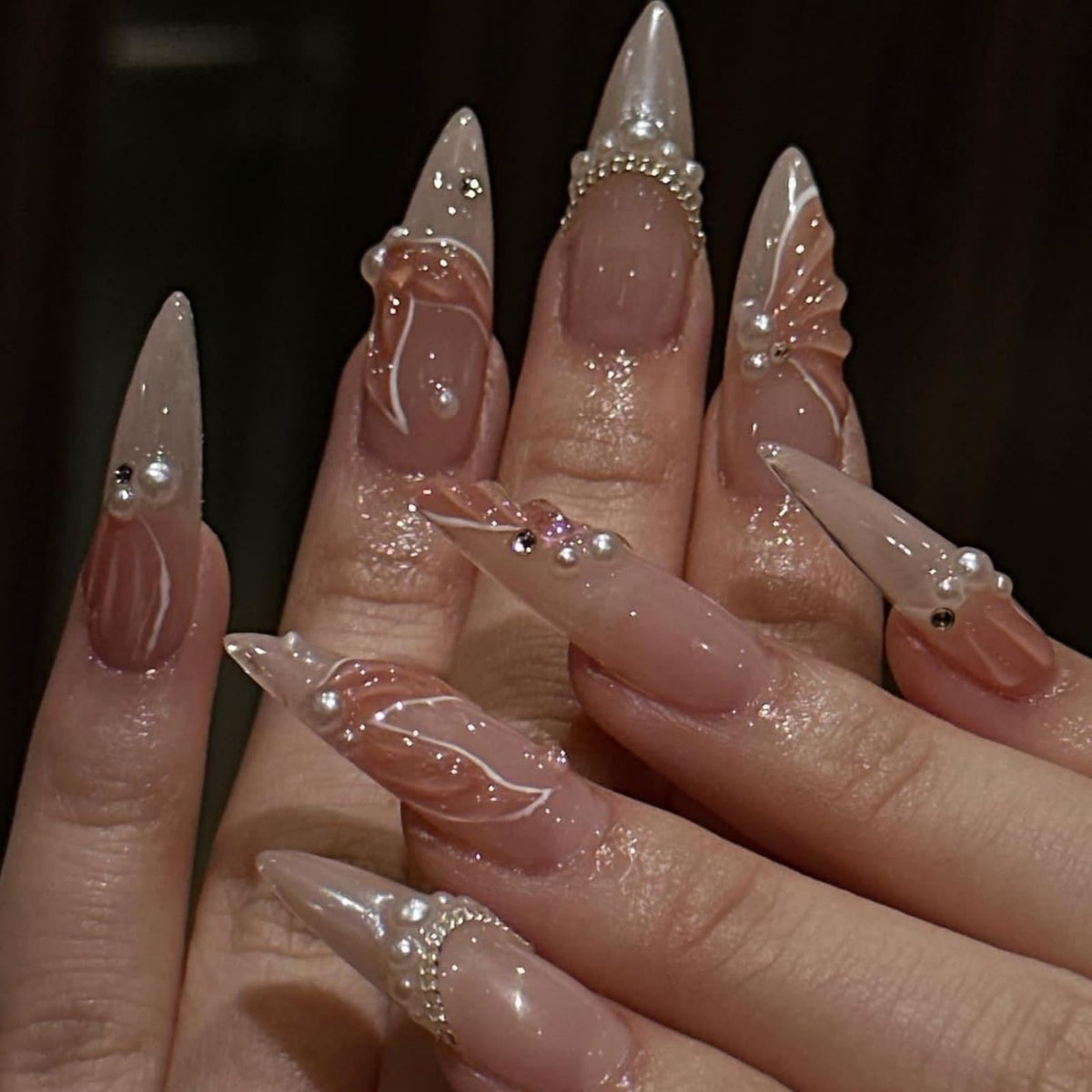 3D Gold Press on Nails Long Stiletto Fake Nails Glossy Nude Blue Full Cover