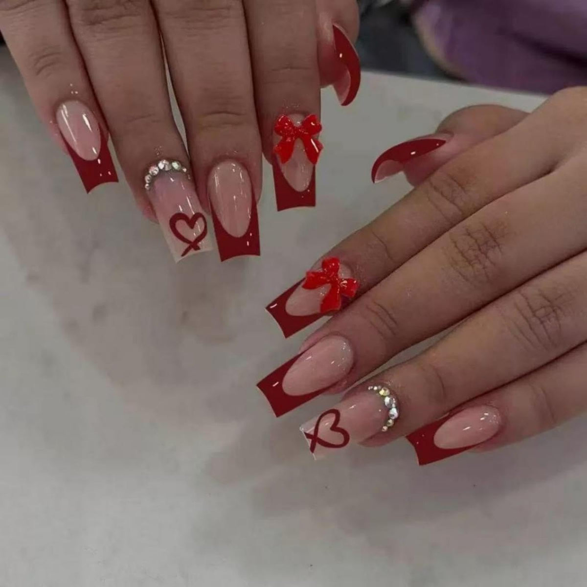 Almond Press on Nails Medium Fake Nails with 5D Metal Lines Charm Design Glossy Pink Nails Press on Curve Glue on Nails Reusable Luxury Silver Beads Acrylic Nail for Women 24Pcs