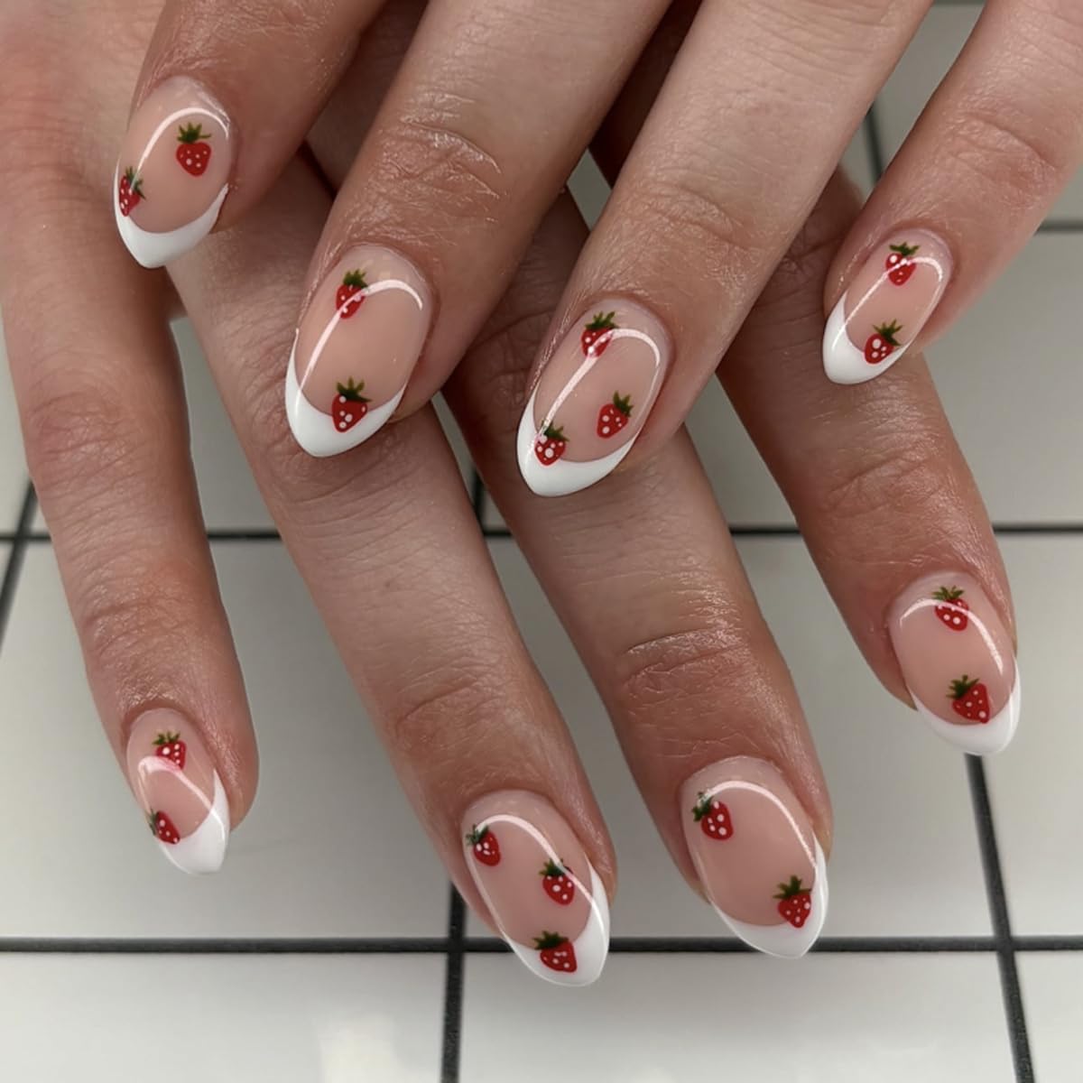 Medium Almomnd Press on Nails - Elegant White Floral Bridal Fake Nails