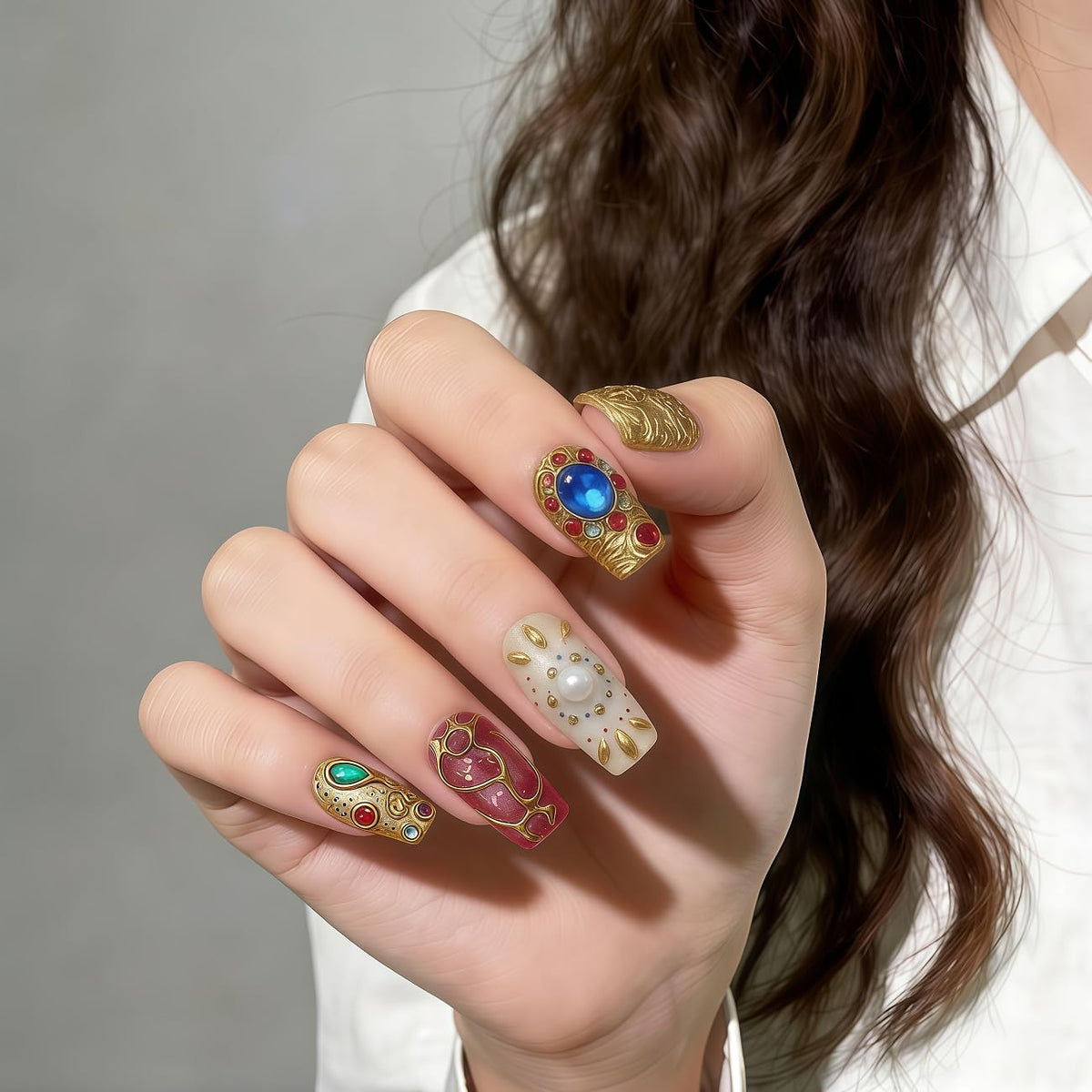Medium Almond Press on Nails - 3D Gemstone & Gold Embossed Art, 24Pcs Reusable Fake Nails with Multi-layered gel polish finish, Salon level Fake Nails for Weddings, Parties, Special Events (ZF308)