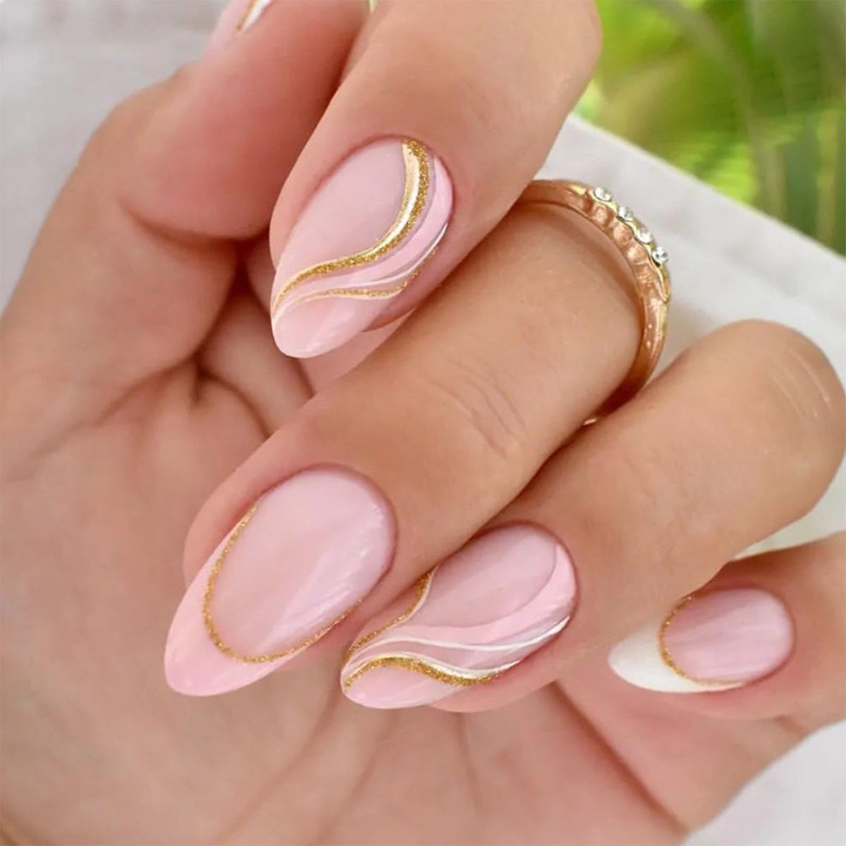 Press On Nails Almond Fake Nails French Tip False Nails Press ons Medium Glue on Nails with Chrome Design for Women Stick on Nail 24Pcs