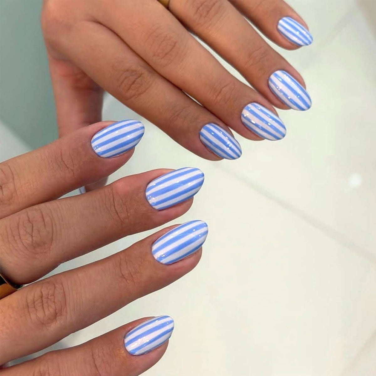 Black French Tip Press On Nails Almond Stiletto, Nude Glossy Fake Nails