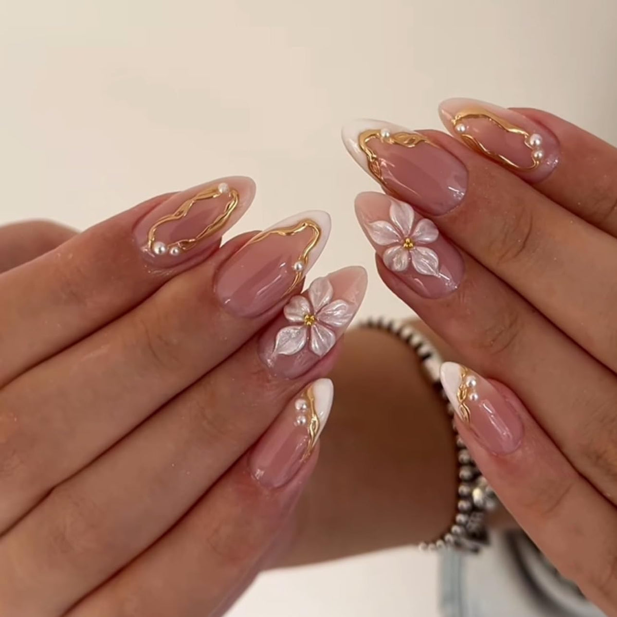 White French Tips Press on Nails, Irregular Gold 3D Lines with Flower & Pearl Design, Reusable Salon Quality Acrylic False Nails for Women, Glue On Nails with Adhesive Tabs for Daily Wear