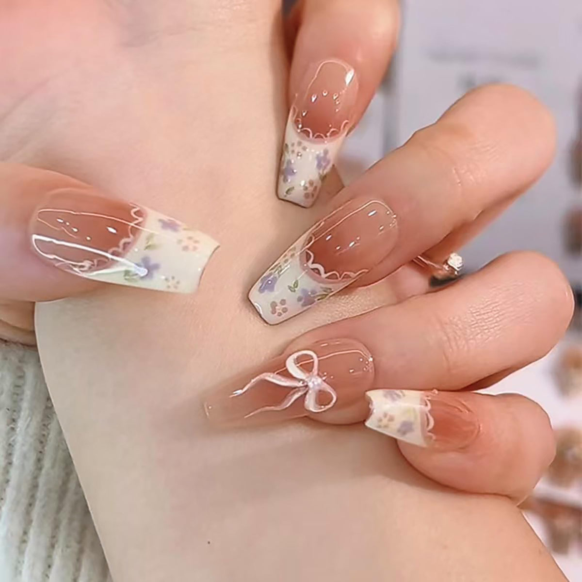24Pcs Long Square Nude Pink White Nails Press ons Pearl Gold Flower Fake Nails Elegant False Nails Bridal Nails Glue on Luxurious Stick on Nails Casual Work for Girl Women Wedding Formal Occasions