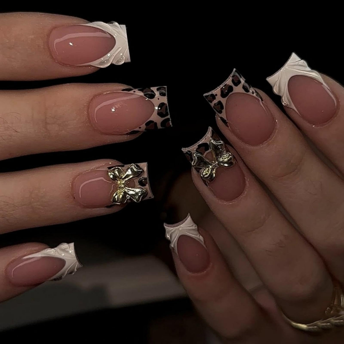 Almond Press on Nails Medium Fake Nails with 5D Metal Lines Charm Design Glossy Pink Nails Press on Curve Glue on Nails Reusable Luxury Silver Beads Acrylic Nail for Women 24Pcs