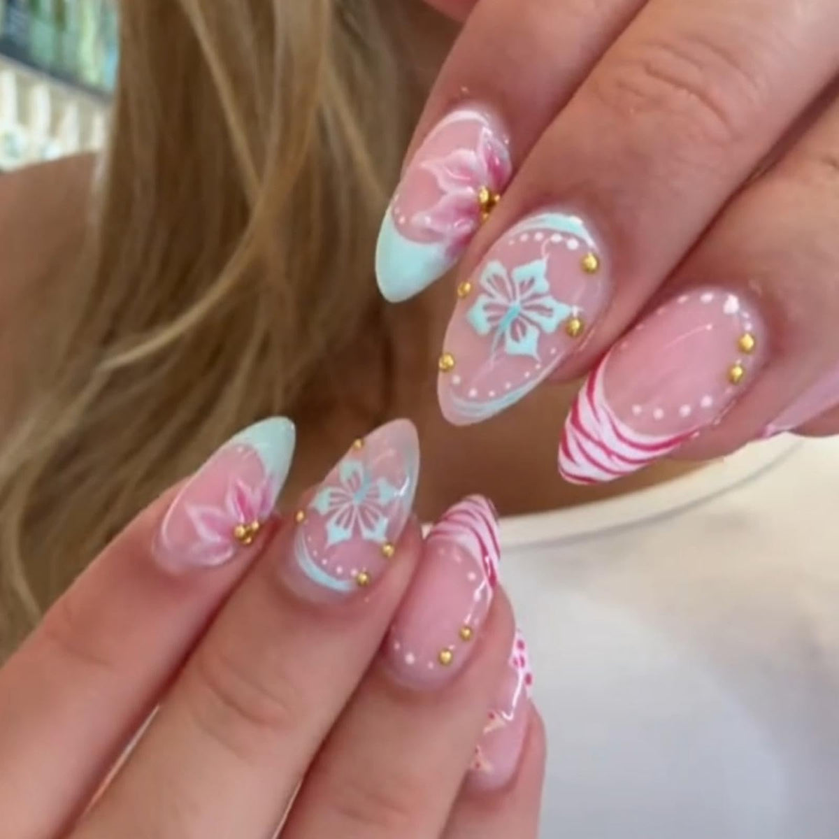 Medium Almond Pink 3D Twist French Tips Rhinestone Press On Nails