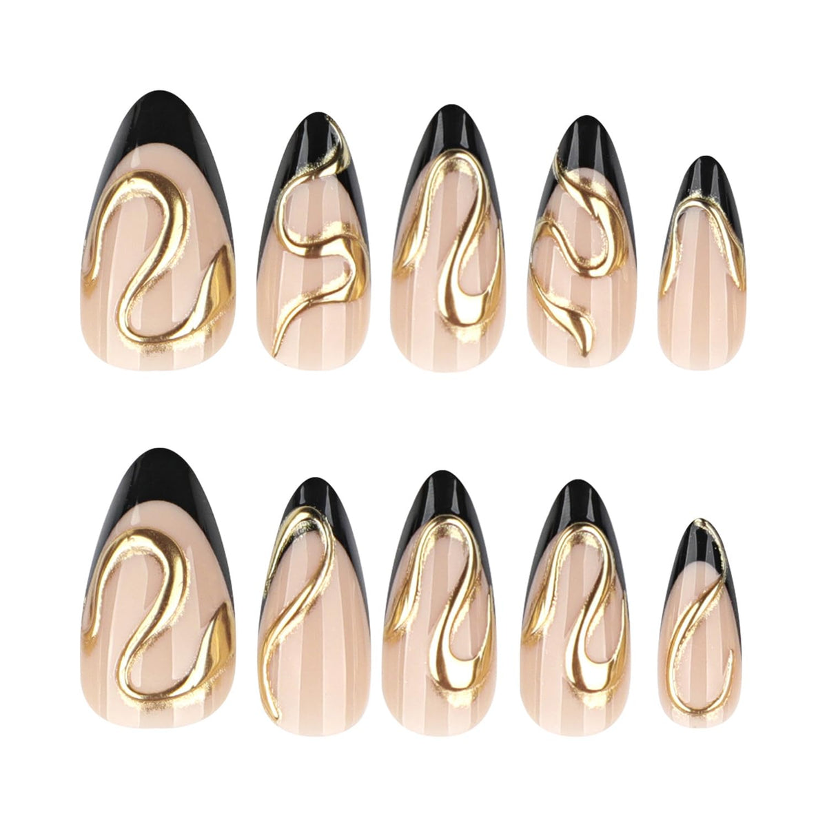 Black French Tip Press On Nails Almond Stiletto, Nude Glossy Fake Nails