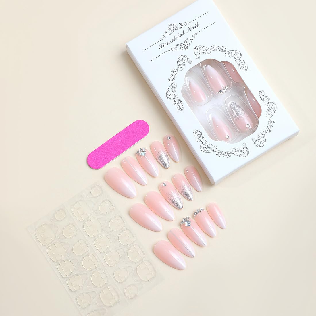 Ombre White Almond Press on Nails Short Medium Pink Fake Nails with Rhinestone Bling Designs Glitter Manicure Fake Nails False Nails for Wedding Fantasy Acrylic stick on nail for Women