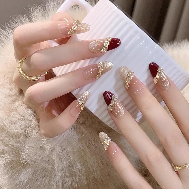 Luxury Handmade Press On Nails, Vintage Bohemian Style, Long Stiletto Shape, Crystal Heart Gems, Gold Stars Design, 10 Pieces (Large, LS)