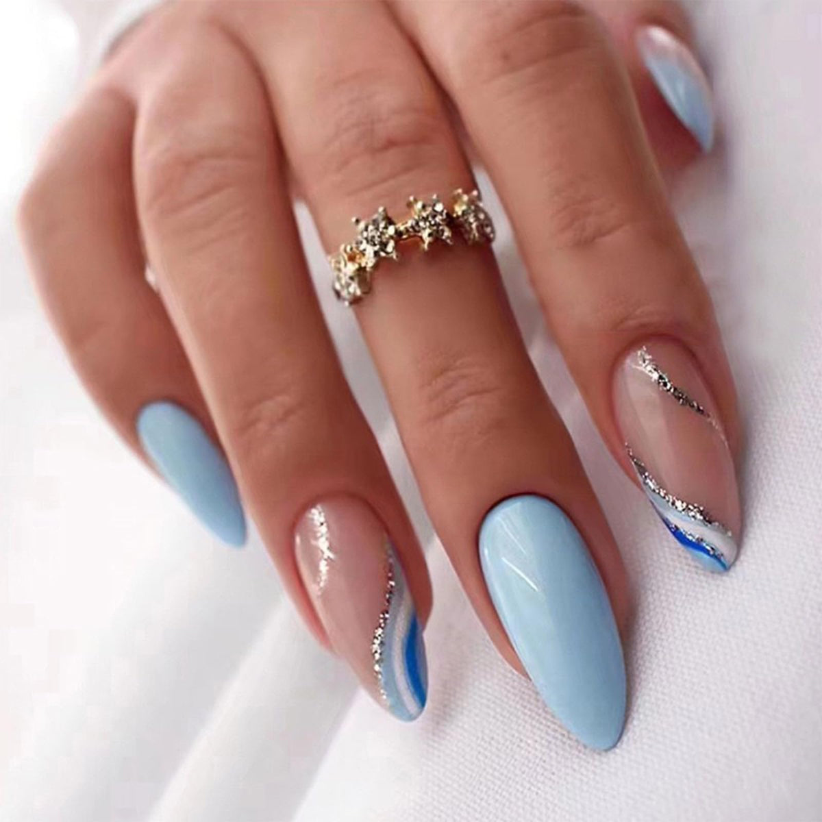 Press On Nails Almond Fake Nails French Tip False Nails Press ons Medium Glue on Nails with Chrome Design for Women Stick on Nail 24Pcs