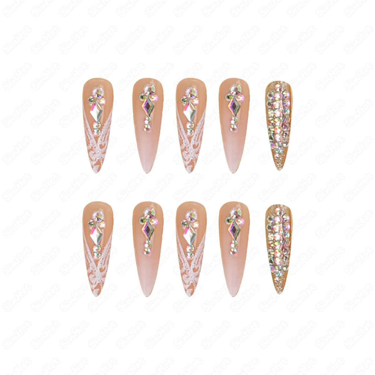 SINHOT Stiletto Press on Nails Long Fake Nails Glossy Glue on Nails Luxury Rhinestones Acrylic Nail White Bling Glitter Almond Artificial Nail Stick on False Nail with Design 24pcs