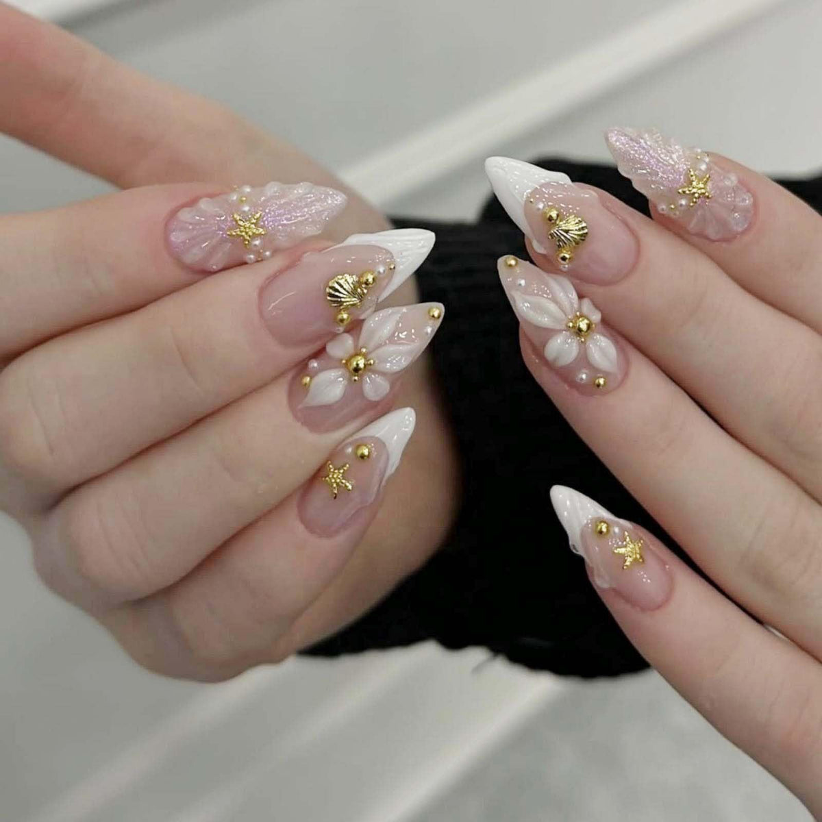 Almond Press on Nails Medium Fake Nails with 5D Metal Lines Charm Design Glossy Pink Nails Press on Curve Glue on Nails Reusable Luxury Silver Beads Acrylic Nail for Women 24Pcs