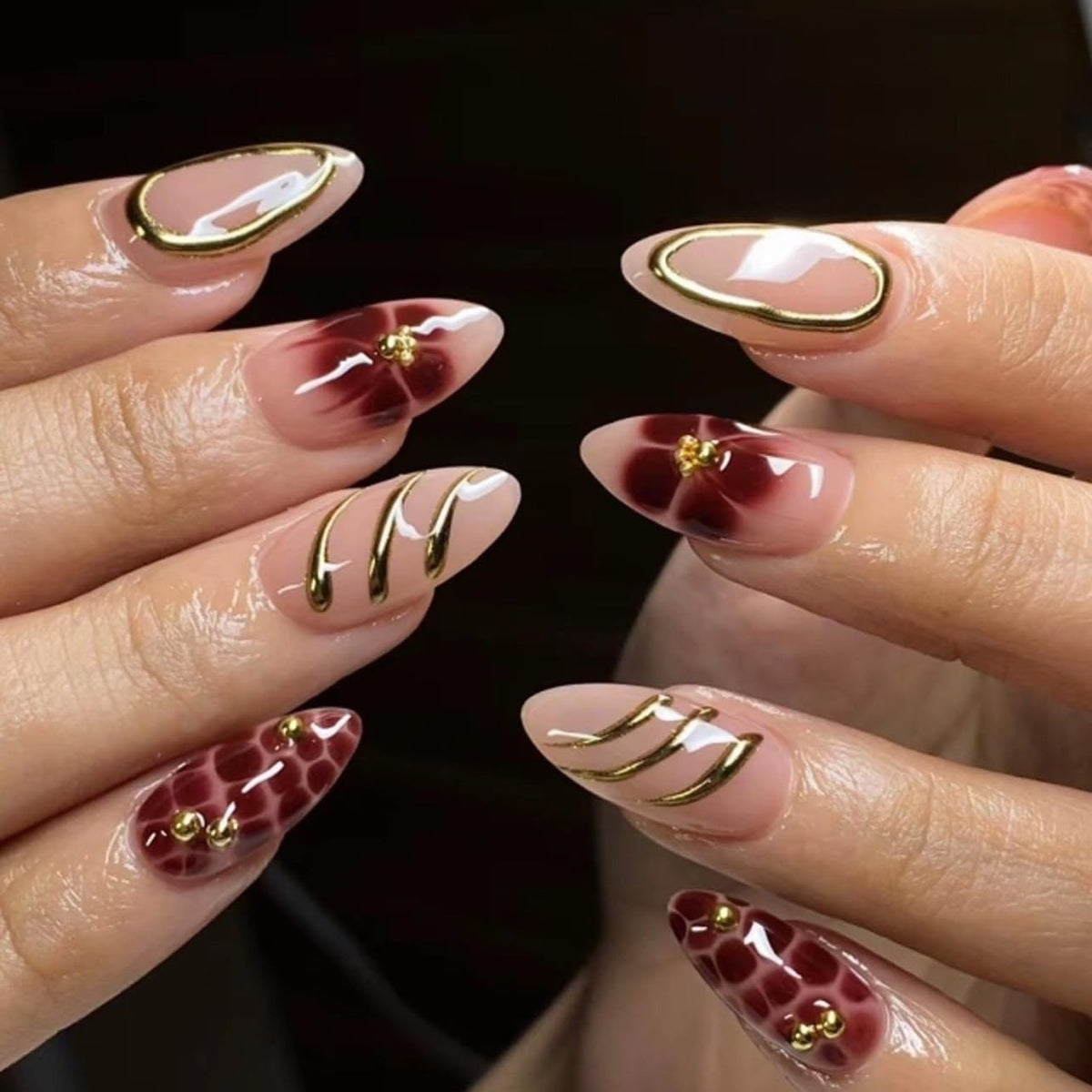 Almond Press on Nails Medium - Fall Fake Nails with Gold Line Design - White Full Cover Stick on False Nails - for Women 24 Pcs