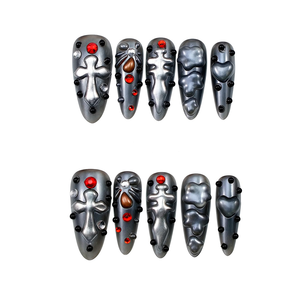 10pcs 3D Metallic Press on Nails Long Almond Handmade, Luxury Ornate Textured False Nails with Gold Silver Chrome Designs, Punk Style Studded Glue on Nails for Women, Gothic Avant-Garde Acrylic Nails