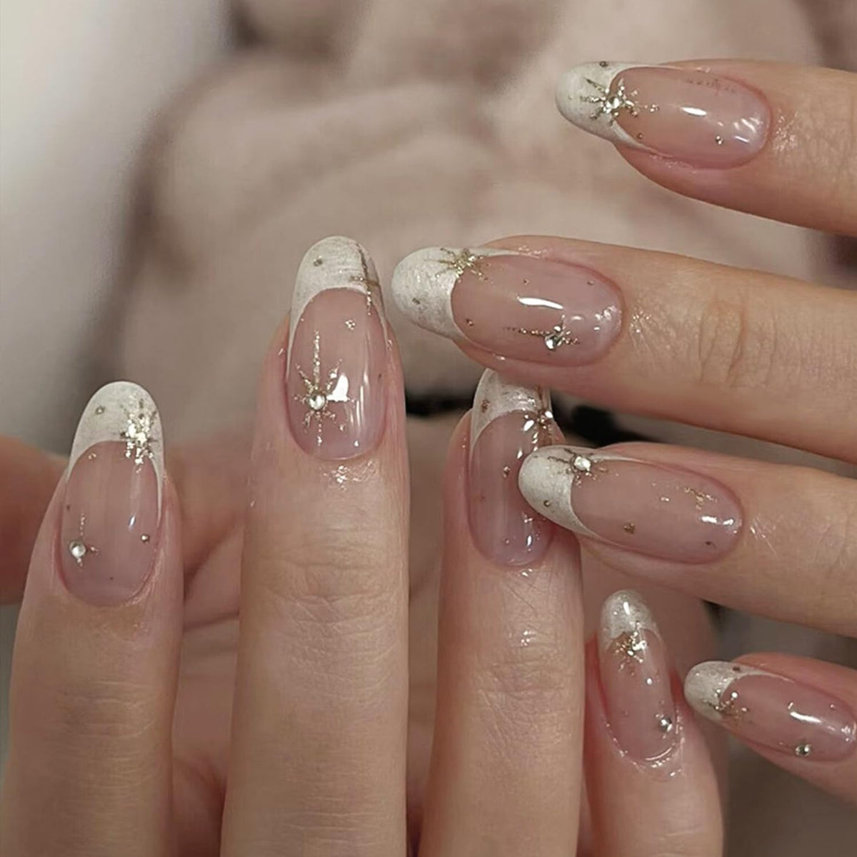 24Pcs Long Press on Nails Luxury Rhinestone Fake Nails French Glue On Nail with Sparkly Rhinestones Gem Silver Lines Designs Shiny Acrylic False Nails for Women Manicure Decoration