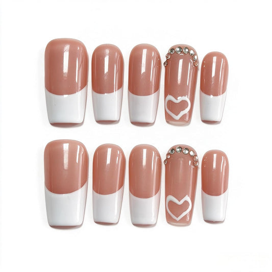 White Medium Square Handmade Press On Nails, French Tip 3D Heart Design