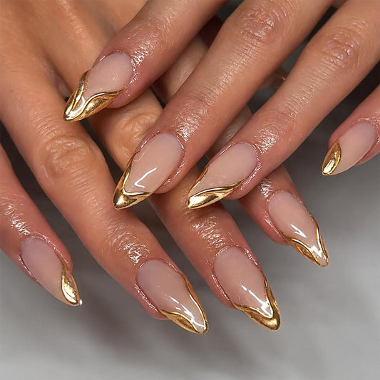 Minimal Luxury Gold Wave Press On Nails Medium Almond, PUNSOKO Nude Pink Fake Nails with 3D Gold Chrome French Tips, Long Lasting Reusable 24 PCS Acrylic Nails Kit for Women Daily Wear