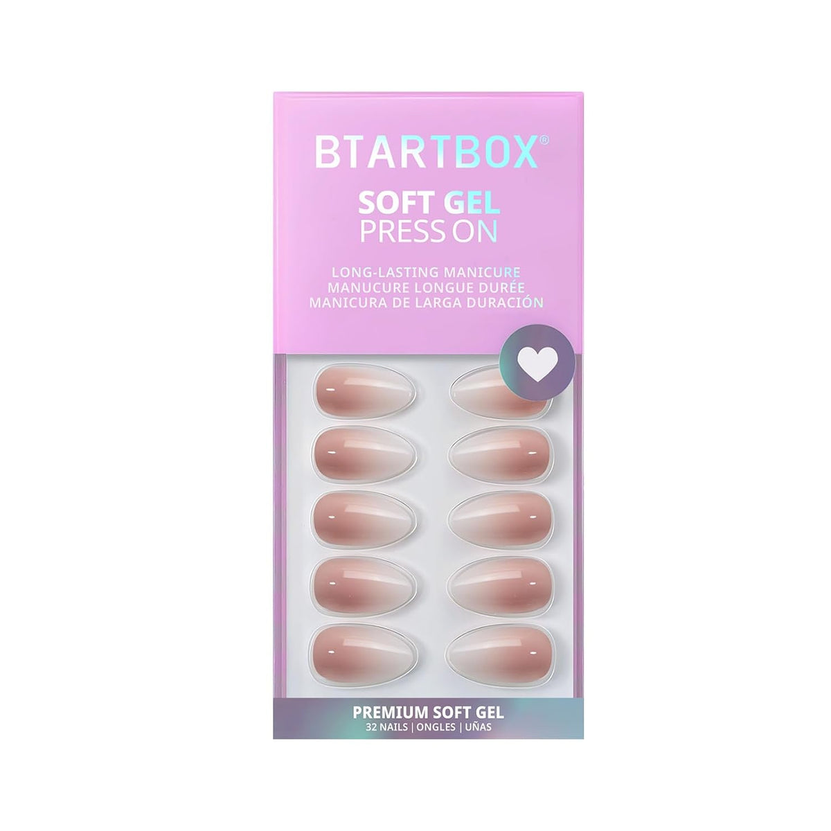 BTArtbox Press On Nails, Short Almond Pink Fake Nails, 32Pcs Full Kit