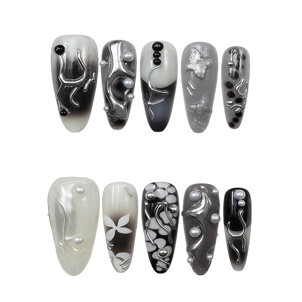 10pcs 3D Metallic Press on Nails Long Almond Handmade, Luxury Ornate Textured False Nails with Gold Silver Chrome Designs, Punk Style Studded Glue on Nails for Women, Gothic Avant-Garde Acrylic Nails