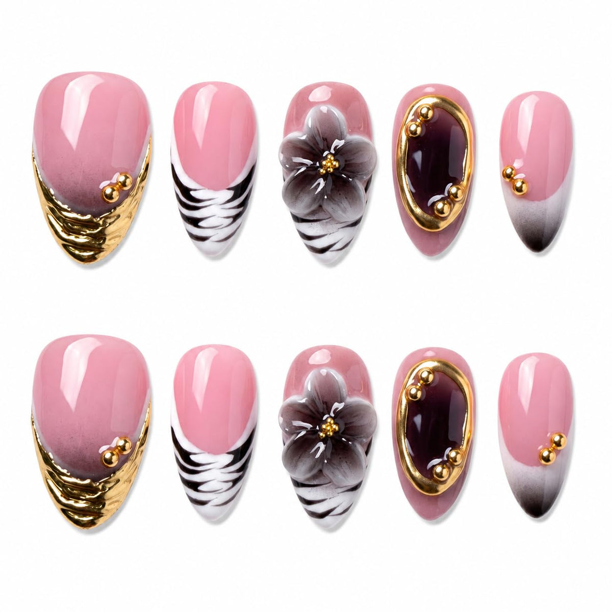 Luxury Handmade Press on Nails Long Stiletto Acrylic Fake Nails with Rhinestone Pearl Designs Glossy Full Cover Reusable Stick on Nails for Women Manicure 10Pcs