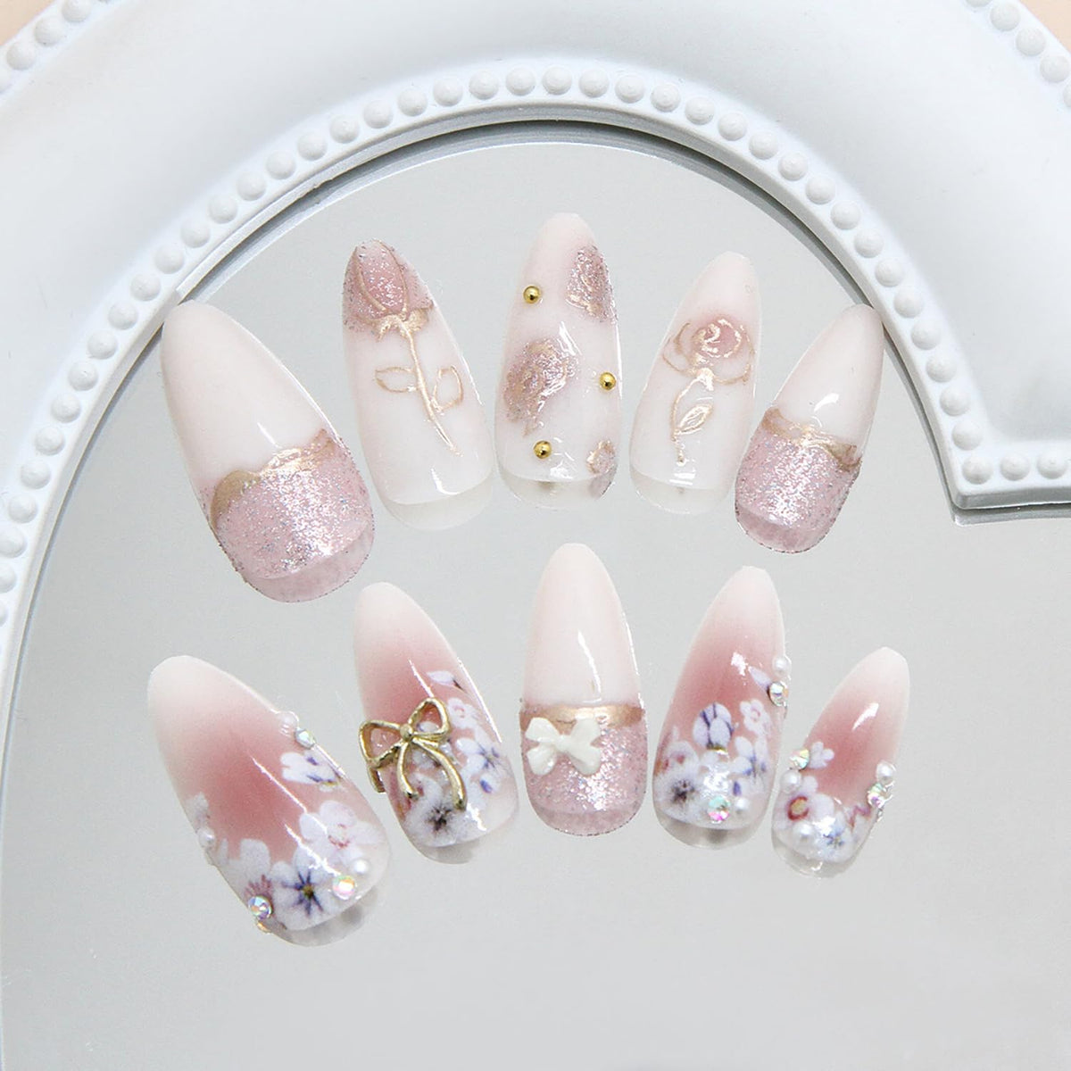 24Pcs Flower Press on Nails Medium Almond Fake Nails with Bow Rhinestones Designs Pink Acrylic Nails Glitter Glue on Nails Cute Floral False Nail Rose Flowers Stick on Nail for Women Nail Supplies