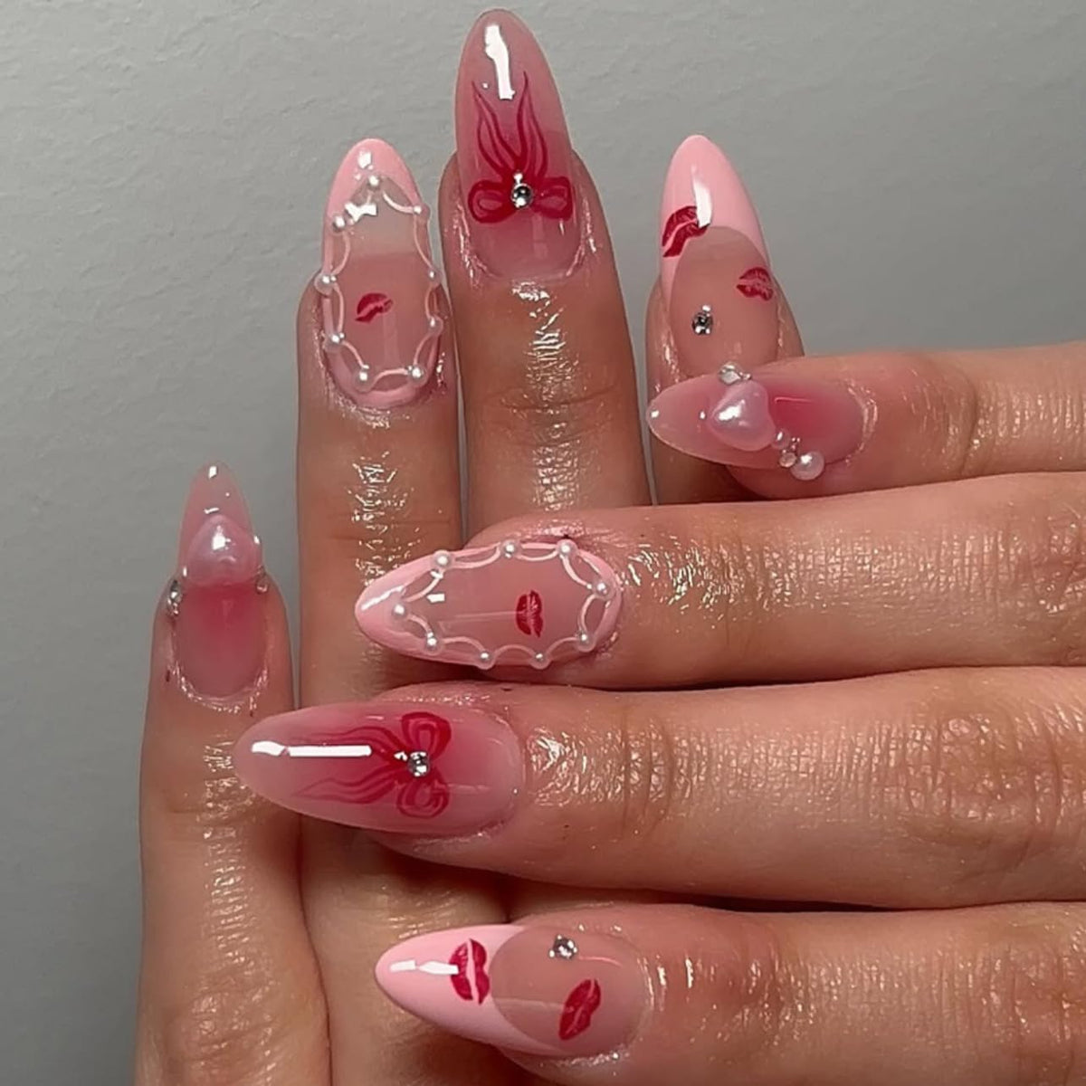 Green Press on Nails Medium Almond Fake Nails with 3D Pearl Rhinestones Designs Gold French Tips Flower Acrylic Nails False Nails White Floral Full Cover Glossy Stick on Nails for Women 24Pcs