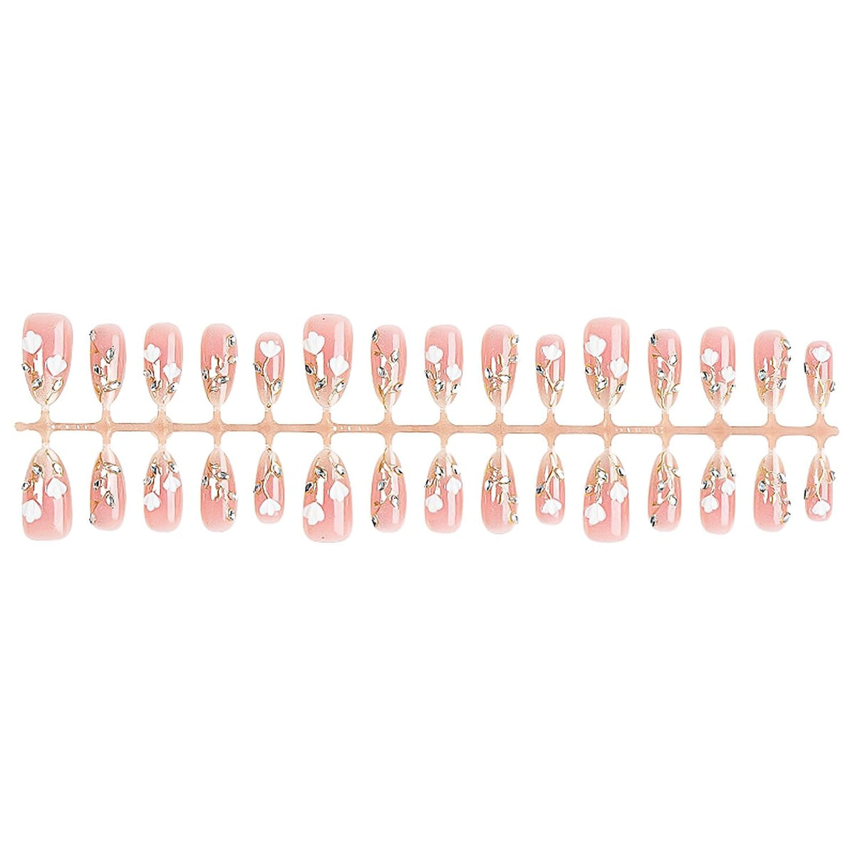 Press on Nails Medium Almond - 3D Gold Flower Vines with Rhinestone Fake Nails, Nude Pink Jelly Champagne Shimmer French Tip Bridal False Nails for Women, 30 Pcs