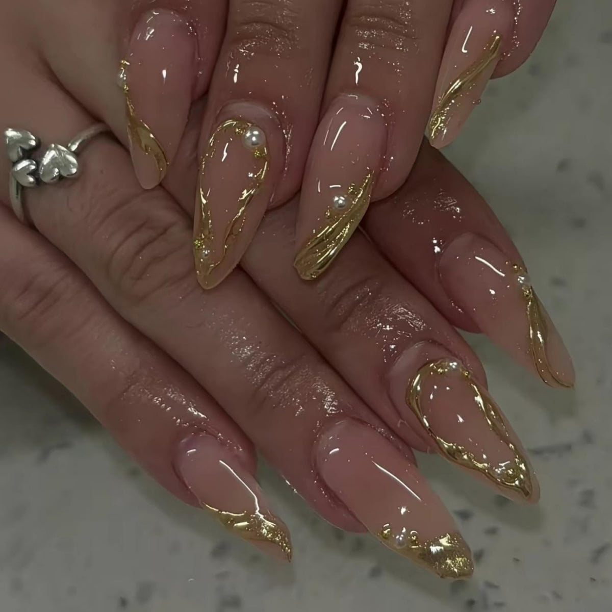 Silver Glitter Press on Nails French Tip Fake Nails Medium Almond False Nail with Rhinestone Design Nude Glossy Artificial Acrylic Full Cover Diamond Glue on Nail for Women Christmas Manicure 24Pcs