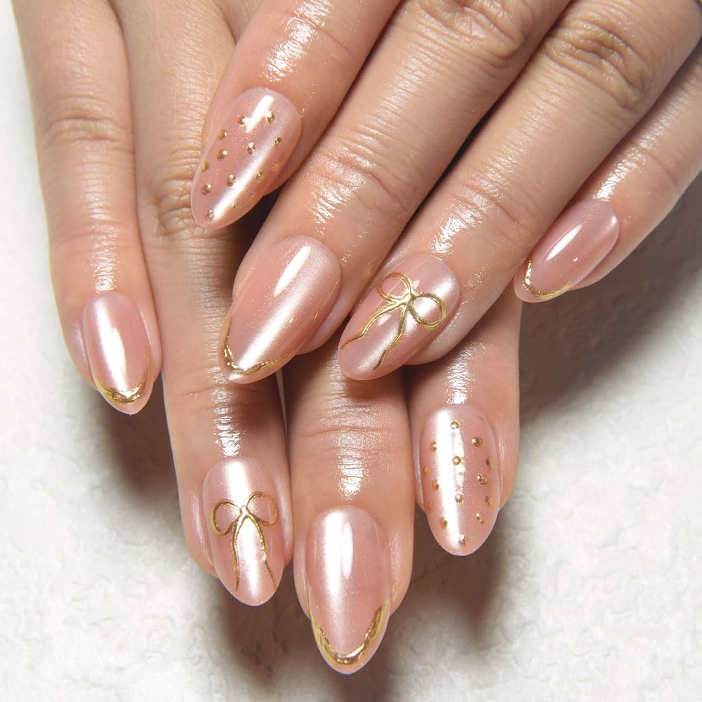 White French Tips Press on Nails, Irregular Gold 3D Lines with Flower & Pearl Design, Reusable Salon Quality Acrylic False Nails for Women, Glue On Nails with Adhesive Tabs for Daily Wear