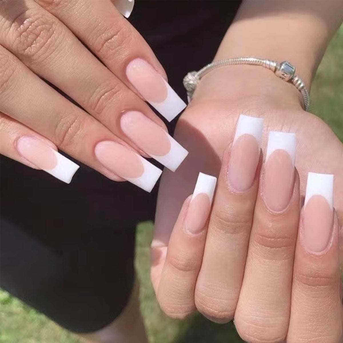 Long Press on Nails Square French Fake Nails Full Cover Nude Acrylic False Nails for Women and Girls 24PCS (Gold Shiny)