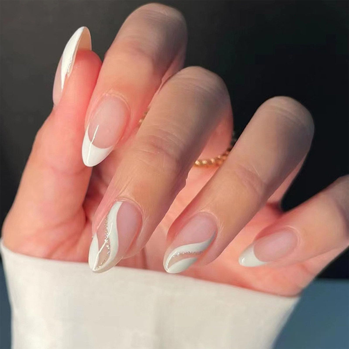 Press On Nails Almond Fake Nails French Tip False Nails Press ons Medium Glue on Nails with Chrome Design for Women Stick on Nail 24Pcs