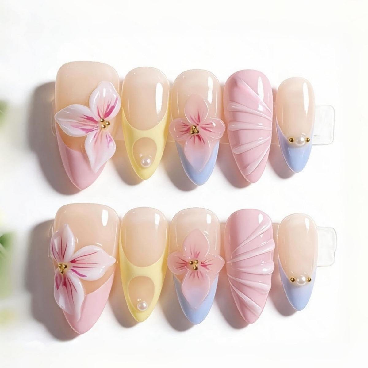 Medium Almond Pink 3D Twist French Tips Rhinestone Press On Nails