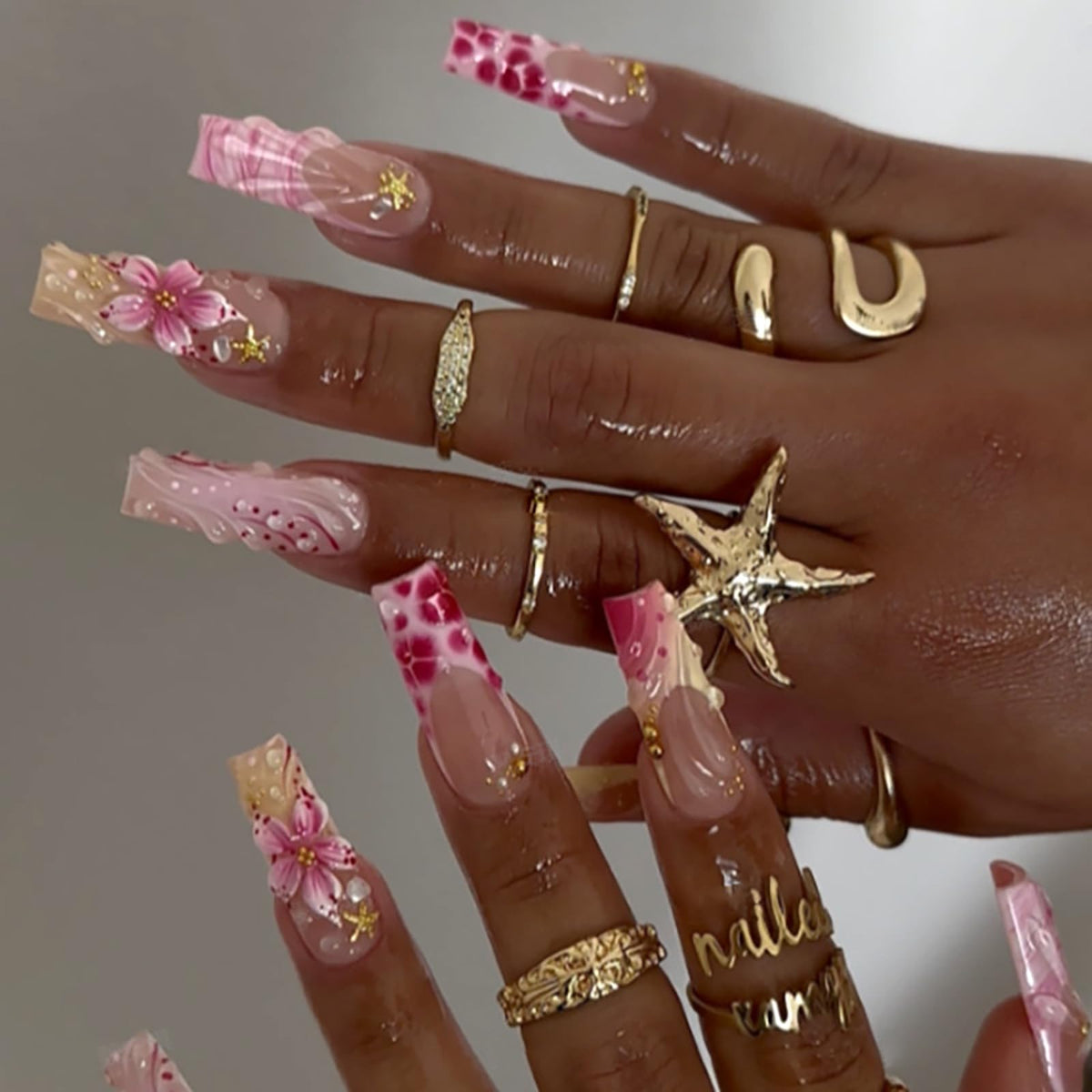 24Pcs Long Square Nude Pink White Nails Press ons Pearl Gold Flower Fake Nails Elegant False Nails Bridal Nails Glue on Luxurious Stick on Nails Casual Work for Girl Women Wedding Formal Occasions