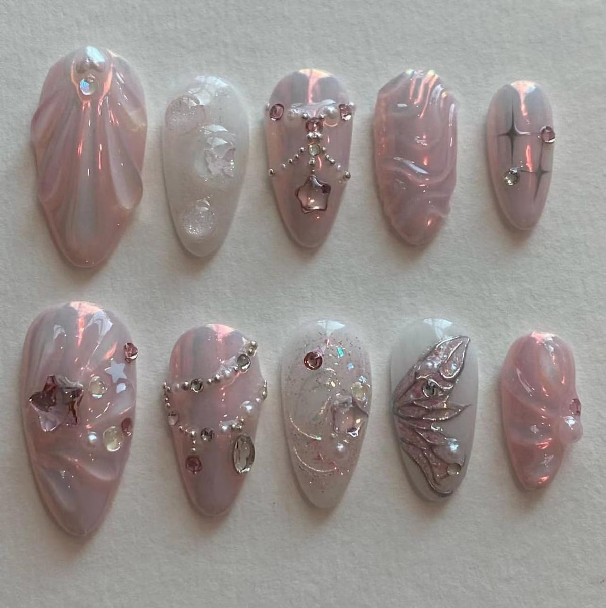 Green Press on Nails Medium Almond Fake Nails with 3D Pearl Rhinestones Designs Gold French Tips Flower Acrylic Nails False Nails White Floral Full Cover Glossy Stick on Nails for Women 24Pcs