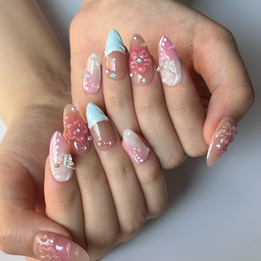 Press on Nails, Handmade Medium Almond Fake Nails, 3D Art False Fingernails with Design Full Cover Fake Nail, Glossy Acrylic Stick on Nails Artificial Nails for Women Manicure 10 Pcs (L)
