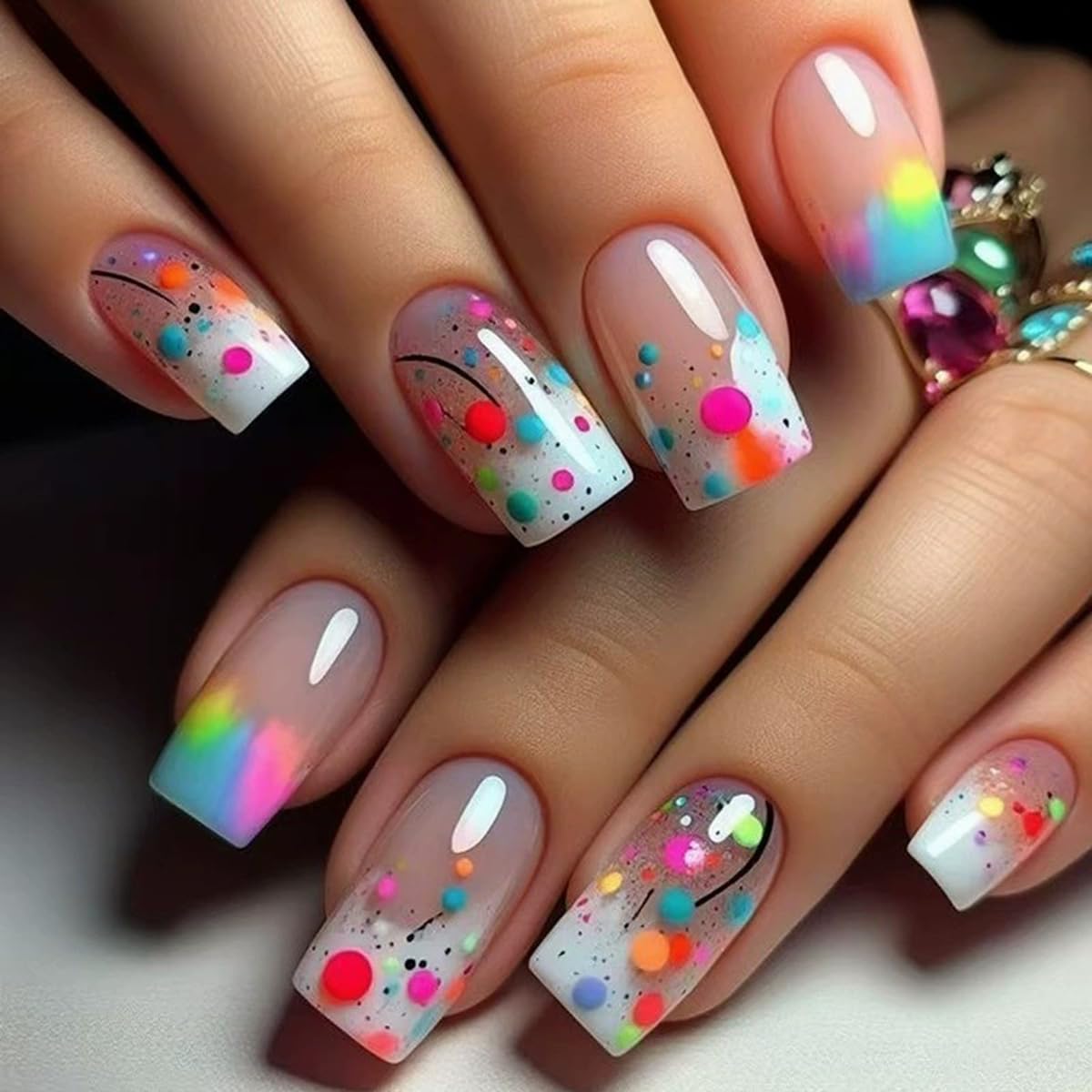 Short Square Press on Nails French Fake Nails Ombre Acrylic Nails Press on Full Cover Glossy False Nails Artificial Stick on Nail for Women Manicure Decoration 24PCS