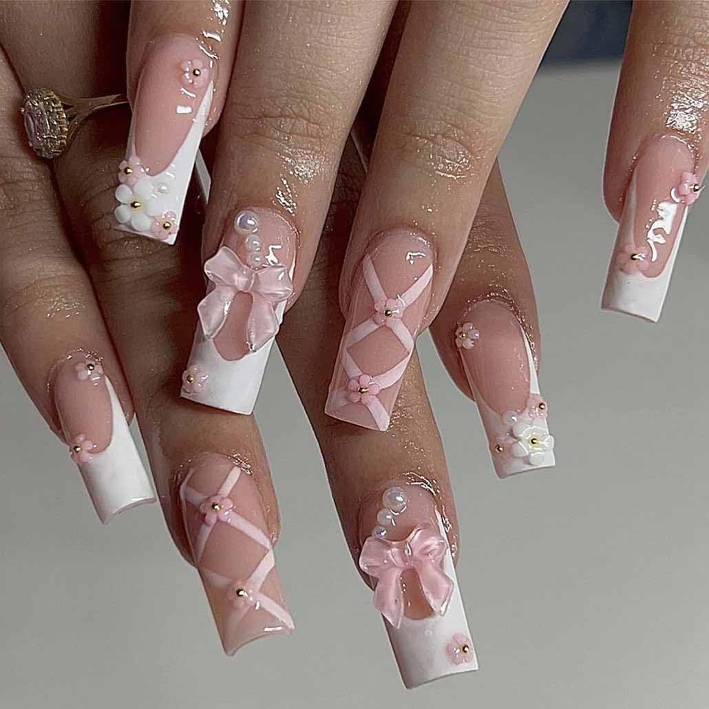 Foccna Press on Nails Almond Fake Nails with Gold Line Design Glue on Nails Acrylic Nails Glossy Full Cover Stick on Nails for Women 24Pcs
