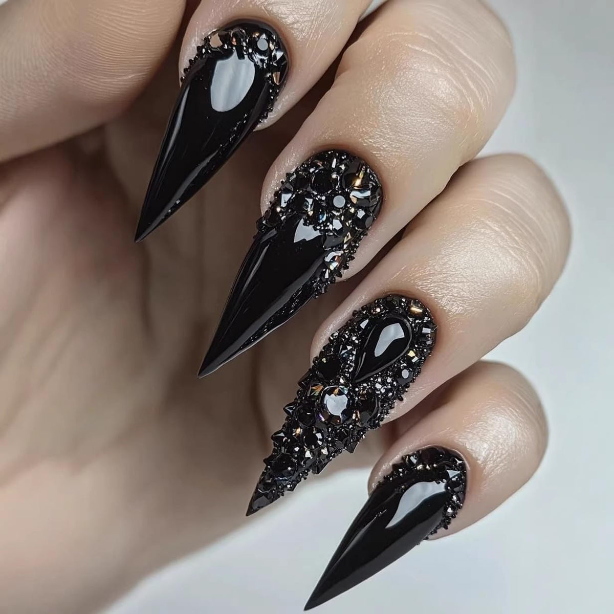 BABALAL Press On Nails, Extra Long Stiletto Fake Nails, Nude Pink, Crystal Rhinestone & Diamond Accents, Glossy Luxury Wedding Party Glue On Nails for Women and Girls 24Pcs