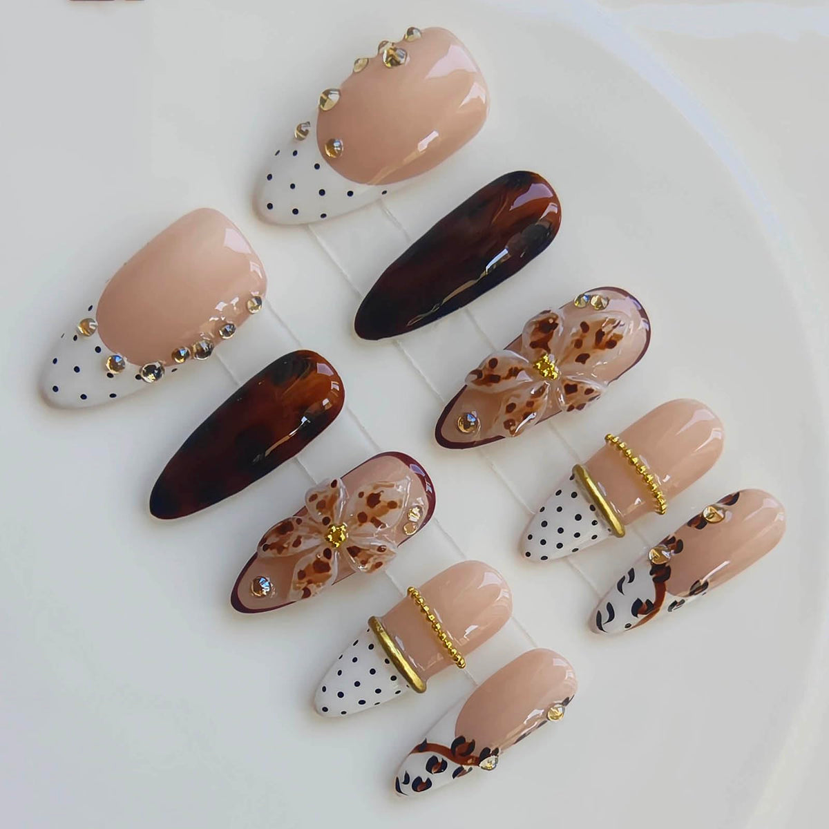 Handmade Press on Acrylic Nails, Almond Long Press Ons with Purple & Nude 3D Swirl Design, Rhinestone & Polka Dot Accents, Stiletto Glue on False Nails Y2K M Size -Gleamrain Design 801