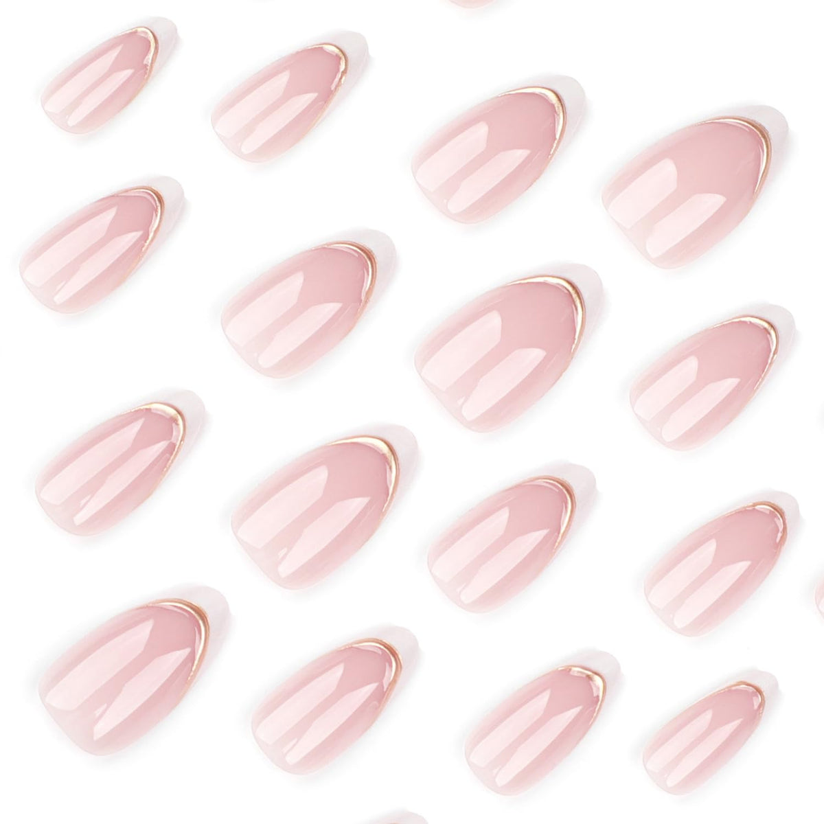 White French Tip Press on Nails Short Fake Nails with Chrome Gold Line Designs French Nails Press ons Nail Tips Stick on Nails Almond Shape Acrylic False Nails Finger Manicure for Women Daily Wear