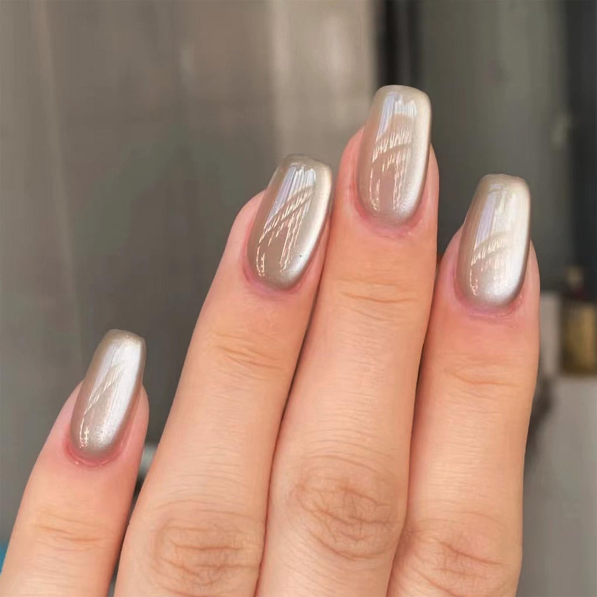 Press On Nails Almond Fake Nails French Tip False Nails Press ons Medium Glue on Nails with Chrome Design for Women Stick on Nail 24Pcs