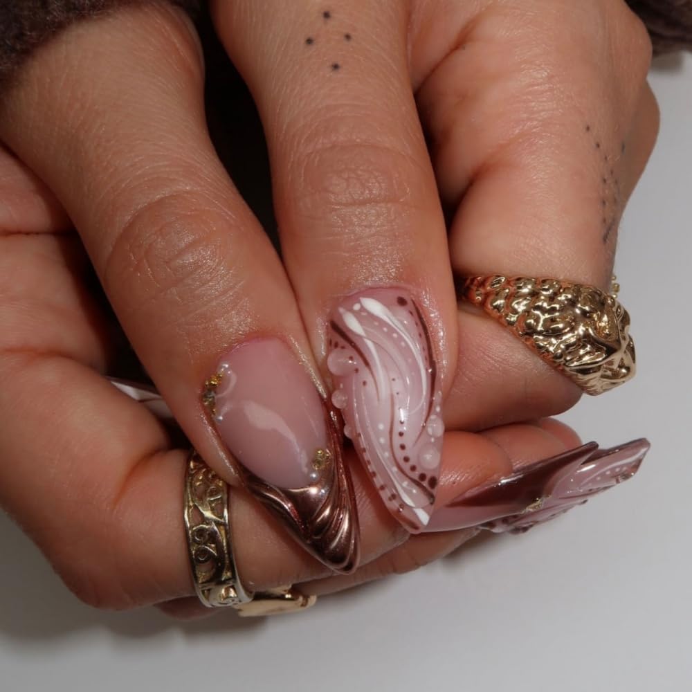 French Tips Press on Nails Medium Almond Nails Press on with 5D Flower Charm Design Glossy Brown Glue on Nails Water Ripple Rhinestones Fake Nail Reusable Fall Winter Nail for Women Manicure 24Pcs