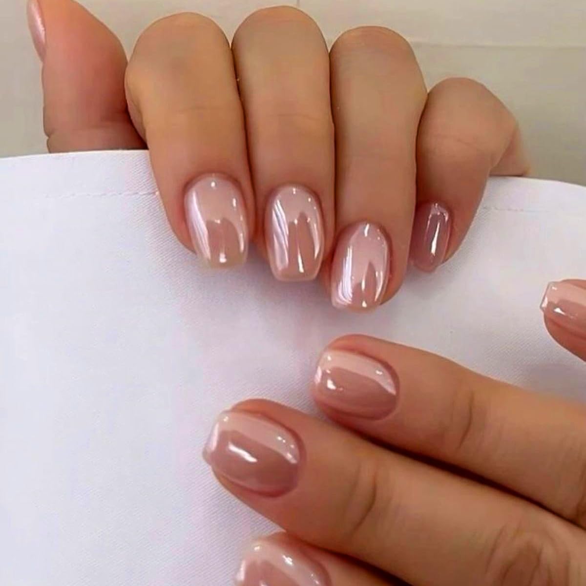 White French Tip Press On Nails Almond - KQueenest Chrome Press On Nails Medium, Glazed Natural Light Nude Fake Nails Press on, Reusable Glue on Nails Stick On Nail for Women Bridal Wedding