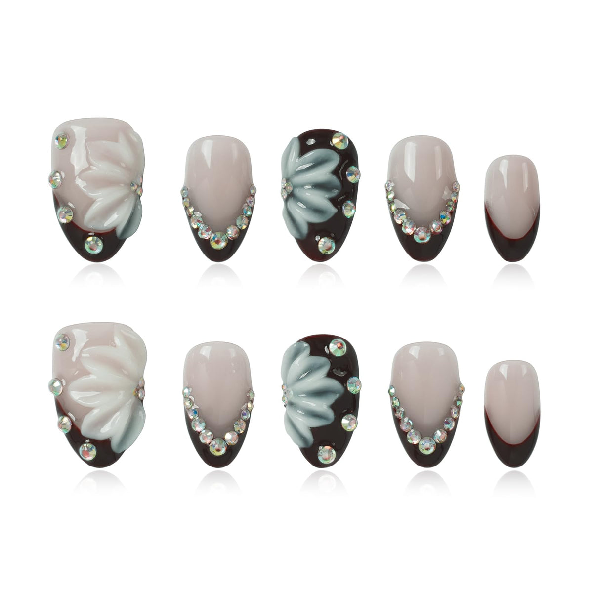 Gothic 3D Floral Press on Nails Medium Almond - Gold Cross & Rhinestone Design, Handmade Pearl Luxury Dark Romantic Reusable Nails (Orange Diamond Sweet Luxury,L)