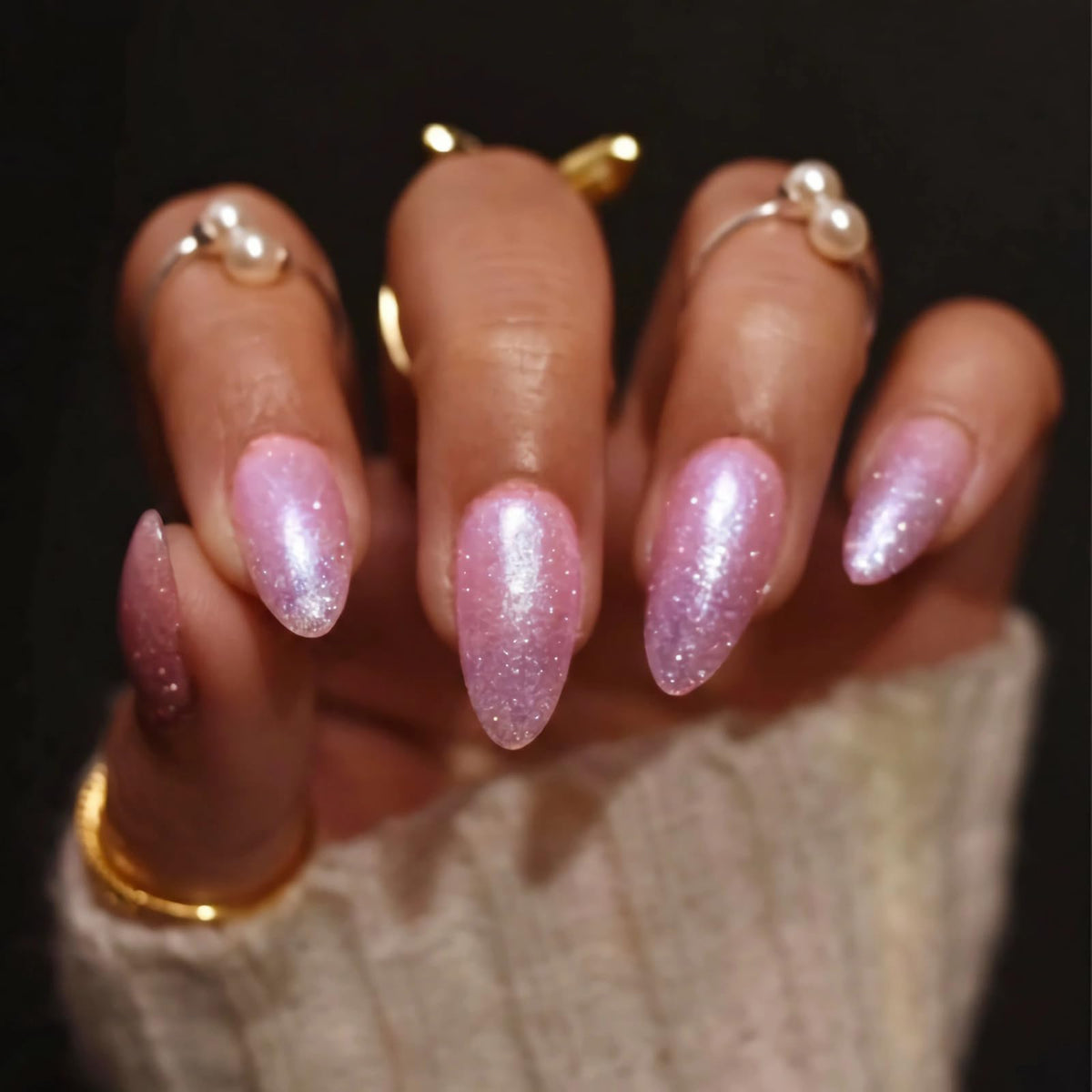 BABALAL Press On Nails - Medium Almond Fake Nails, Pink White Gradient, Rhinestone Gold Bangle, Glossy Coquette Wedding Bridal Glue On Nails 24Pcs